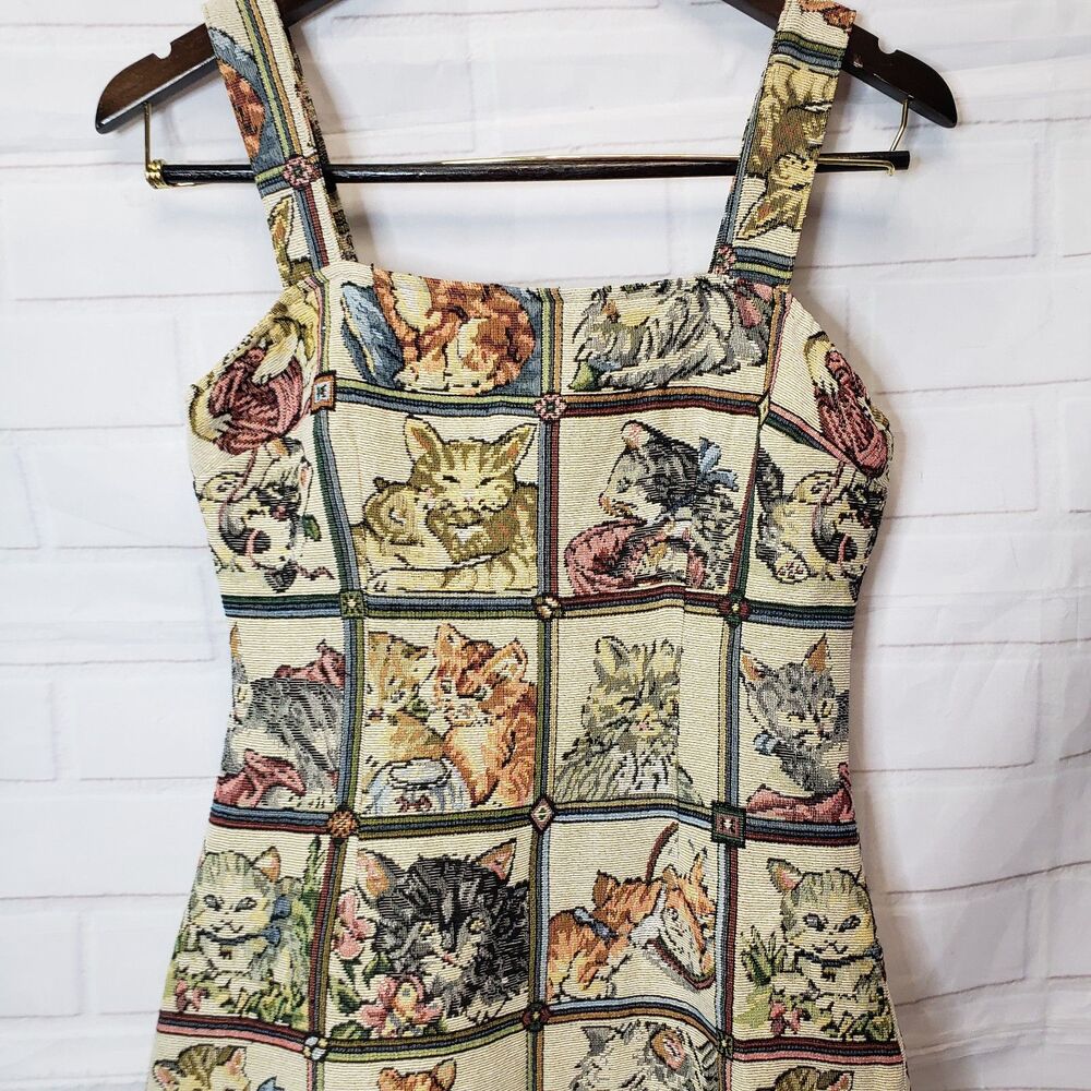 Cider Cat Lover Tapestry Mini Dress NWT Size XS Patchwork Kitten Pinafore Retro - Picture 3 of 6